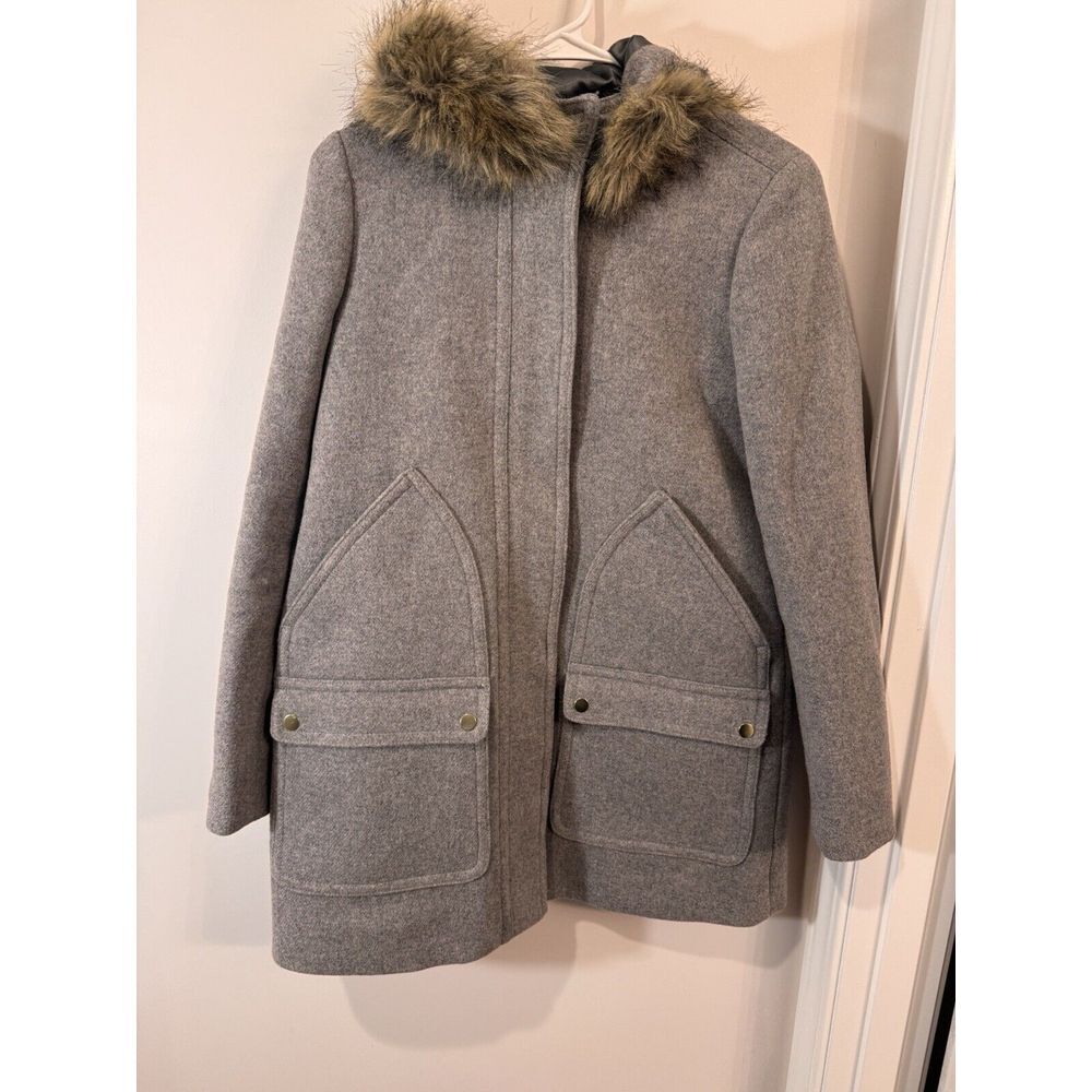 J. Crew Chateau Parka Wool Blend Coat Hooded Faux Fur Jacket Size 2